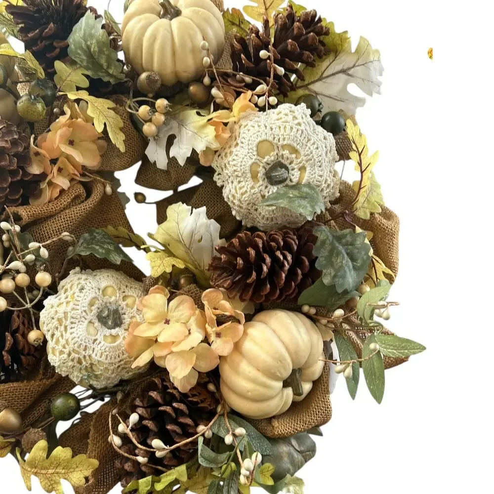 Rustic Fall Wreath With Pumpkins Pinecones & Burlap Ribbon 22